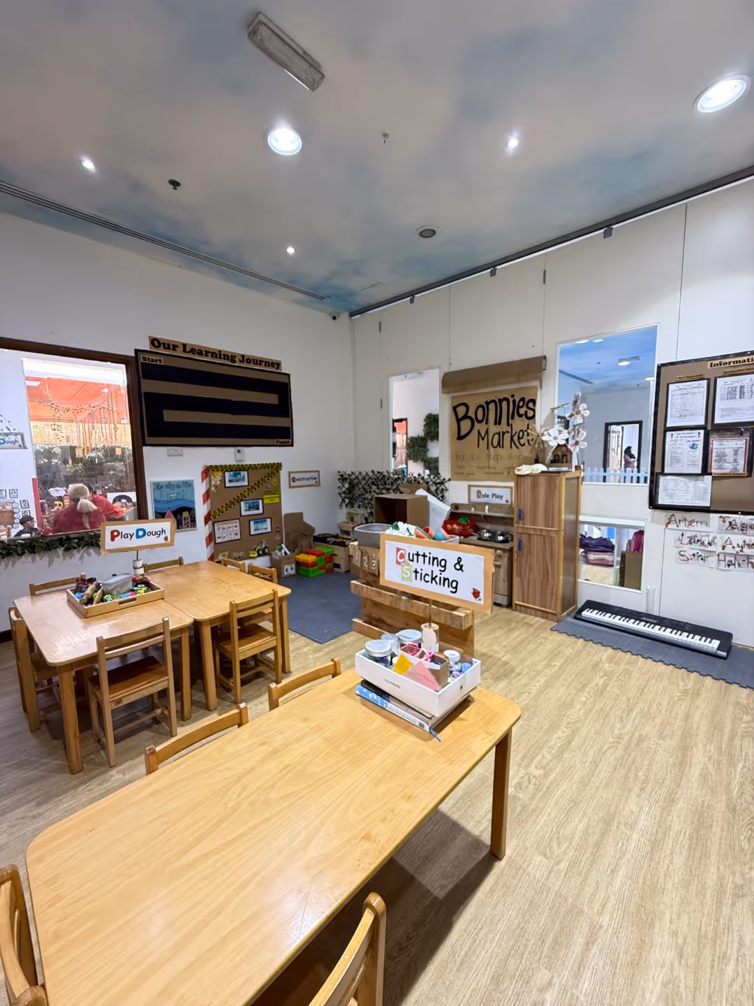 Bright classroom corner with wooden tables and chairs labeled for Play Dough and Cutting & Sticking activities, plus a role play market area.