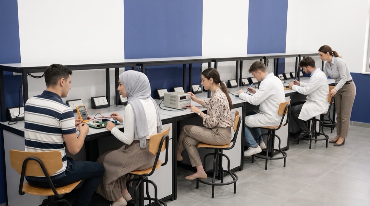 Students working in the electronics laboratory with an instructor